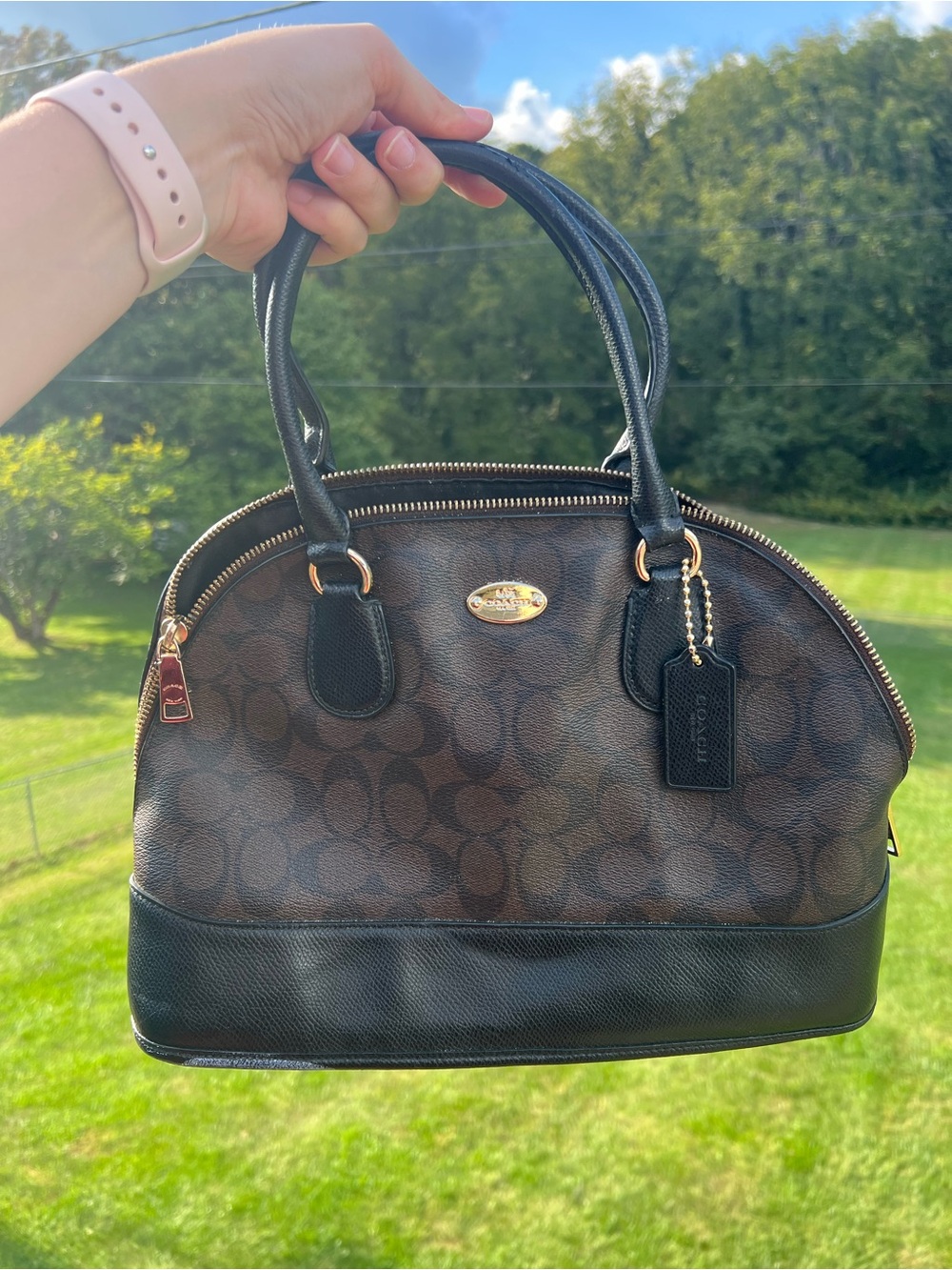 Coach Signature Cora Domed Satchel Handbag Crossbody Brown/Black